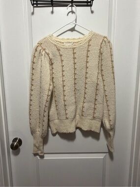 Cozy Cream Crewneck Sweater with Tan Contrast Stitching
